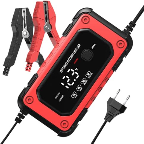 Cargador de Batería de Coche | Cargador de Mantenimiento Inteligente 12V y 6A | Pantalla LCD Desulfatador Automático para Automóvil Marina Camión - Uso en Carretera Taller Embarcación ATV