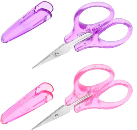 Mini Scissors, 3.7 Embroidery Scissors for Crafts with Safety Cover Ambidextrous Plastic Grip, Compact Travel Design for Sewing, Embroidery, Knitting & DIY Projects (Pink, Purple)