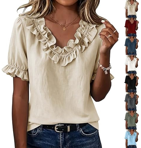 Ruffled V Neck Blouse for Women UK, Ladies Puff Sleeve Frill Trim Tops Loose Fit Solid Colour Tshirts Elegant Summer Tunic T Shirts Dressy Casual Blouses