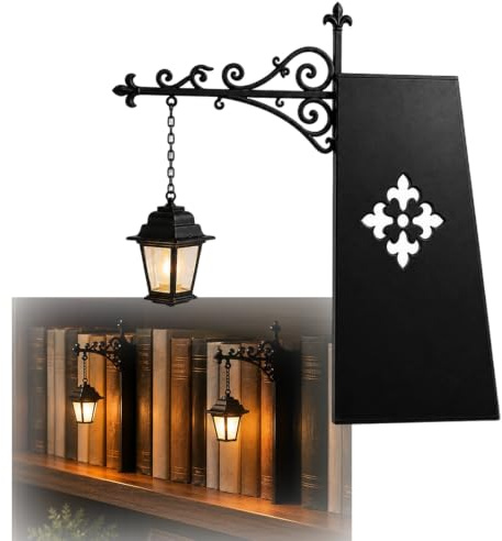 Library Lantern Decorative Bookshelf Lighting, Vintage Mini Street Lamp Bookend Decor with Warm LED Light, Fantasy Hanging Lights for Desktop Study Room Home Office Book Lovers Readers(1pc)