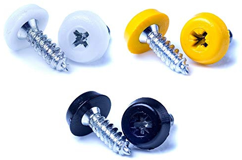 BEK-FIX® Number Plate Oversized Screws Plastic Top - 2 White, 2 Black, 2 Yellow