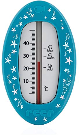 Reer Baby-Thermometer für die Badewanne mit süßem Unterwasserwelt-Motiv, kindersicheres Bade-Thermometer - Blau