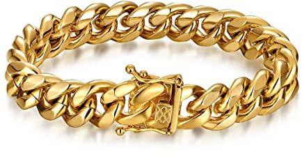 Rowin&CO - Pulseras de cadena cubana para hombre, acero inoxidable chapado en oro de 18 quilates, 15 mm de grosor, eslabones de muñeca personalizados, 8/8.5/9/9.5 pulgadas (con caja de regalo)