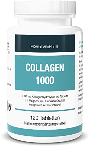 EXVital Collagen 1000, 120 Tabletten mit 100% Kollagen Hydrolysat, 1000 mg Collagen Typ I & II pro Tablette, angereichert mit Magnesium, ohne Zusätze, hochdosiert & in Deutschland hergestellt