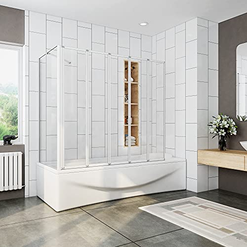 Mamparas de Bañera Biombo Plegable Cristal 4mm Gris Mate - 5 hojas plegable+lateral fijo 120x70x140cm