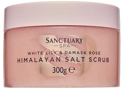 Sanctuary Spa White Lily and Damask Rose Salt Body Scrub, Exfoliating Pink Himalayan Salt with Vitamin E and Almond Oil, Vegan and Cruelty Free, 300g