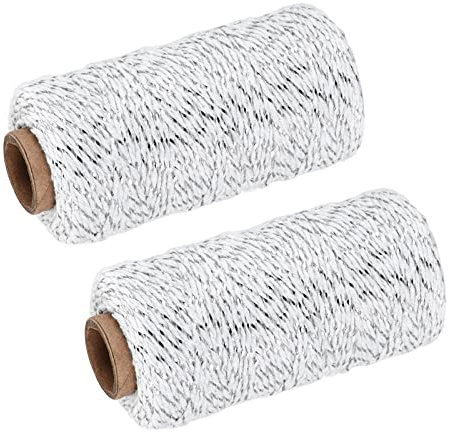 sourcing map Ficelle Emballage Corde Emballage Coton Ficelle 100M/109 Argenté et Blanc Corde pour Emballage Cadeau, Noël Ficelle, Paquet de 2