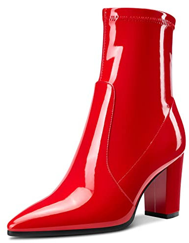 Aachcol Mujer Caña Media Botas Puntiaguada Punta Alto High Chunky Ancho Heel Charol Cremallera Rojo 8 CM 35 EU