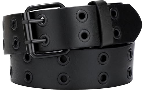 SANSTHS Women Double Grommet Studded Belts, Black Leather Belt for Women Men Punk belt,all black,L