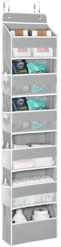 KEEGH Over The Door Hanging Organiser with 6 Large Compartments and 8 Side Pockets, Over Door Storage Mesh Windows Baby Clothes Organiser for Cosmetics, Baby Essentials and Toys Sundries