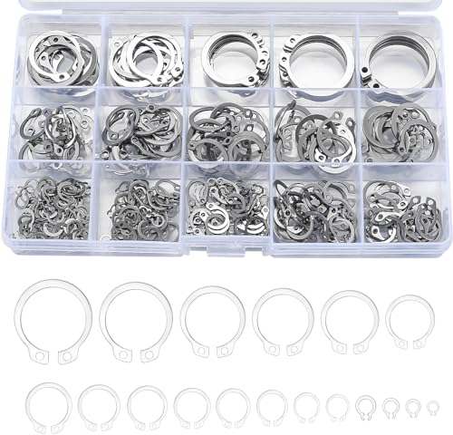 408 Pz Anelli di Sicurezza Esterni a Scatto, E-clip Anello, Anelli di Interni Esterni in Acciaio Inossidabile, Anello di Fissaggio a Clip per Alberi Scanalati Prigionieri Mobili, 18 Misure