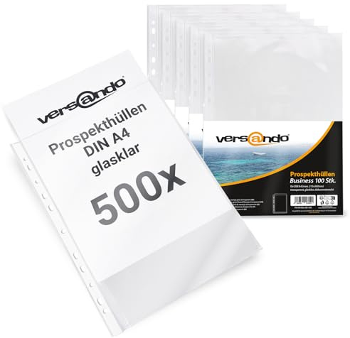 versando 500 fundas para folletos A4 con borde de grapado, transparentes, 60 my (5 x 100 unidades)