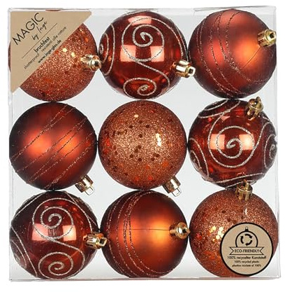Inge-glas Weihnachtskugeln Kunststoff 6cm 9er Set - bruchsicher & mit Glitzer Muster - Christbaumkugeln für Weihnachtsbaum - Weihnachtsbaumkugeln & Christbaumschmuck Kupfer - Roasted Almond