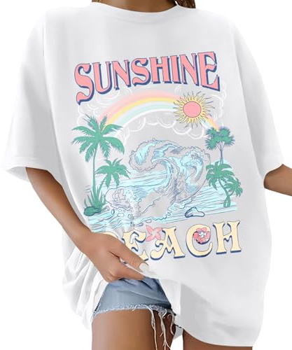 Lonya T-Shirt Oversize à col Rond pour Femme Tee Shirt à Manches Courtes Grande Taille Femme Sunshine Lettres Créatives Arc-en-Ciel Haut D'été Décontracté Coton Loose Streetwear Top, Blanc, L