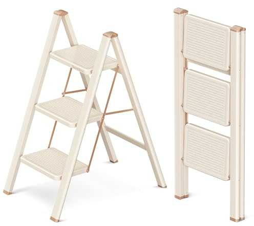 GameGem Escabeau 3 Marches pour Adultes, Échelle Pliante avec Base Antidérapante, Marches Élargies, Design Esthétique s'Intégrant Parfaitement aux Intérieurs Domestiques