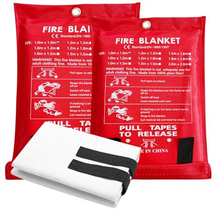 Houkary Couverture Anti Feu, Lot de 2 Couvertures Anti-Feu Ignifuge pour Maison Cuisine, Couverture D'incendie de Secours de Fibre de Verre pour la Fourneau Garage Bureau Camping Caravane, 1M x1M