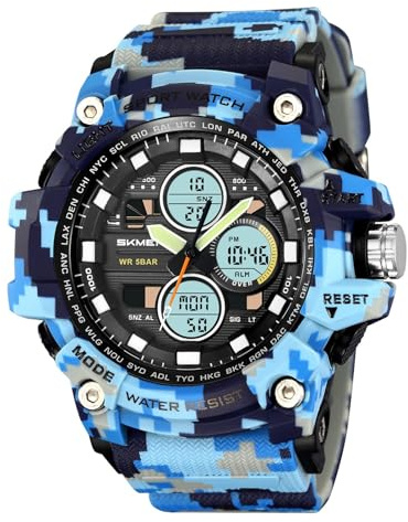 Digital Utomhusklocka för Män, 50M Vattentät, 3 Tidszoner, Stoppur, Larm, 12/24h Format, Bakgrundsbelysning, Robust Design för Vandring, Camping, Överlevnad(Blue camo)