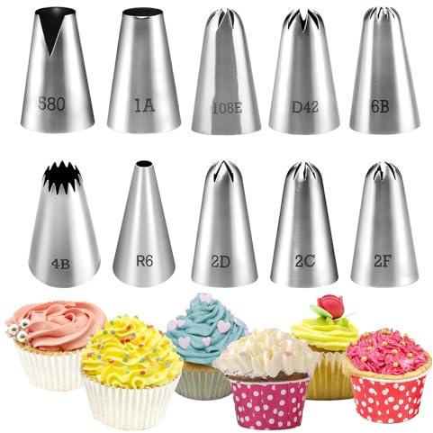 OIHCAZ 10 Pack Large Piping Nozzles, Stainless Steel Large Piping Tips Icing Nozzles for Baking Cupcake Cookie, Cake Decorating Tools for Flowers, Stars and Borders, Gift for Bakers