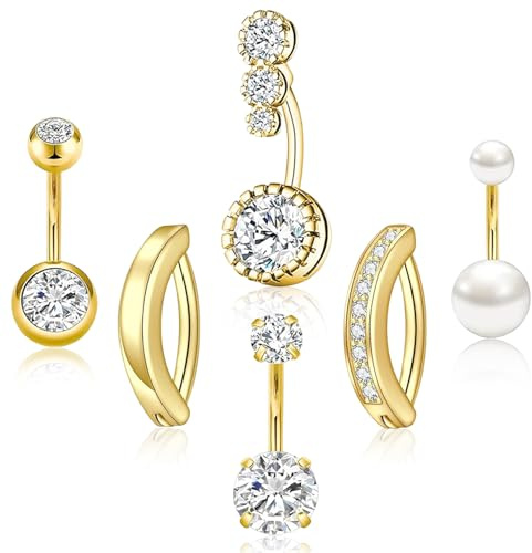 6 Pcs Gold Belly Button Bars, Stainless Steel Pearl Navel Rings Set | Hypoallergenic Belly Hoop Gold Curved Clicker Belly Piercing Jewellery Set for Women and Girls