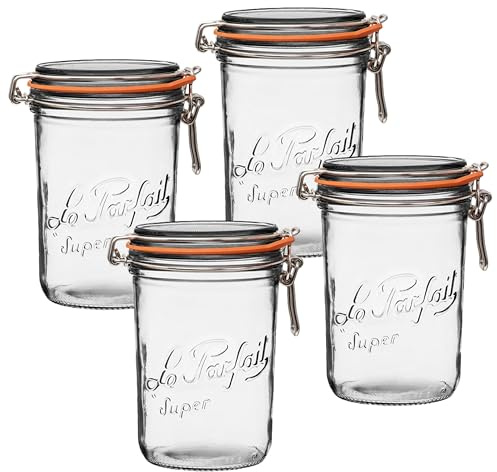 Le Parfait Super Terrine 1L (32oz) French Glass Canning Jar with Airtight Rubber Seal & Wire Bail Closure - BPA-Free Preserving Jar for Water Bath Canning, Food Storage & Gifting - Made in France 4PK