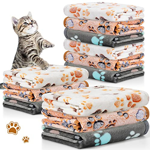 Tegeme 12 Pcs Pet Blankets 23 x 16 Inch Soft Fluffy Fleece Dog Cat Warm Paw Print Pattern Blankets Flannel Throw for Pets Dog Puppy Cat(Dark Gray, White, Camel)
