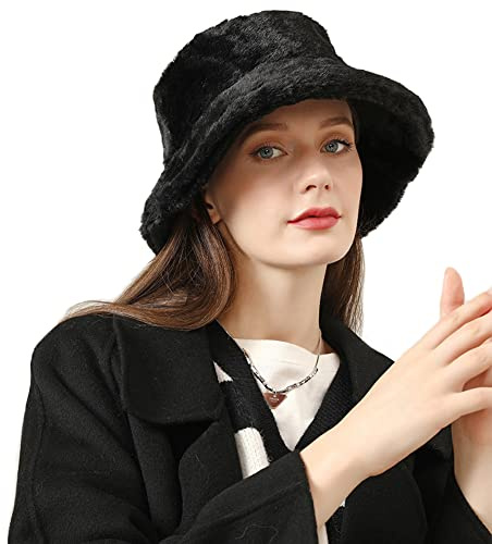 Woman's Warm Winter Faux Fur Bucket Hat with Bowler Brim, Fluffy Thicken Plush Fishman Ski Hat, Elegant Bush Vintage Cloche, Wide Elegant Brim, Perfect for Women & Girls