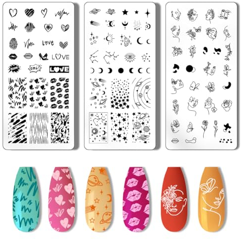 PH PandaHall 3 Stück Nail Art Schablone Nagelstempelplatte DIY Stamping Nagelschablone Star Love Nagelstempelplatte Edelstahl Nagelbildplatten Für Frauen DIY Nagel