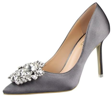 IvoireCh Décolleté da sposa in raso da donna, tacco a spillo con strass, tacco alto 10,2 cm, scarpe da festa per sposa ed eventi serali, eleganti scarpe da ballo e cocktail, Grigio, 38.5 EU