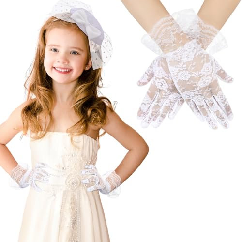 JenPen 2 Pcs Girls Tea Party Fascinators Hats with Lace Gloves Funeral Veil Hat Gloves for Church Wedding Accessories(White)