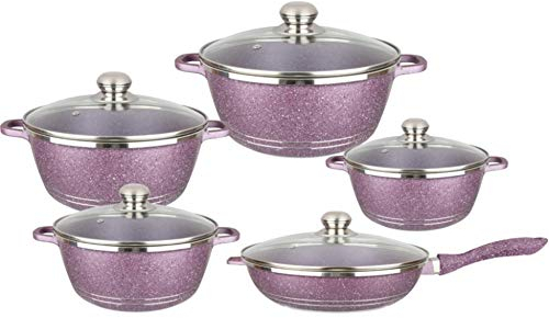 OUZBEM Cooking Pot, Nonstick Cookware Sets Cooking Pots and Pans with Glass Lids,Marble Coated Aluminium Home Kitchenware with Saucepans,Frying Pan,Stock Pot,10 Piece (Purple Variety Pack) vision