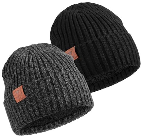 OZERO Winter Mütze Beanie Strickmütze Schwarz: 2 Set Wintermütze Wollmütze für Herren und Damen (DE/NL/SE/PL, Alphanumerisch, Einheitsgröße, Schwarz)