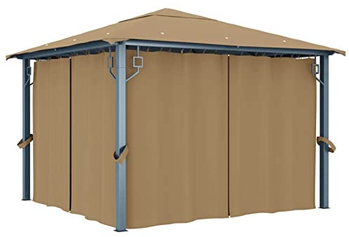 Homgoday Tonnelle avec Rideau 300x300 cm Taupe Aluminium, Tente de Réception Belvédère de Jardin, Gazebo Pavillon de Extérieur, Chapiteau pour Camping, Fête, Barbecue