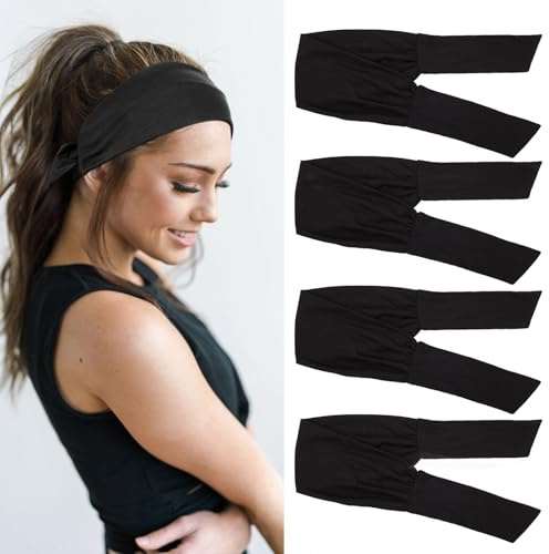 TuTive 4 Pieces Knotted Adjustable Headbands for Women Black Headbands Elastic Non-Slip Fashion Hair Bands for Workout Sports Running Yoga