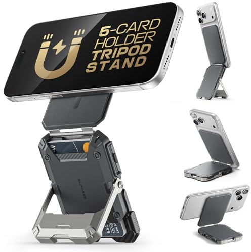 SUPCASE for MagSafe Wallet with Adjustable Stand, Hold 5 Cards, Silver | RFID Blocking, Strong Magnetic Lock, Magnetic Wallet for Men, Phone Card Holder Tripod for iPhone 18/17/16/15/14/13/12 Series