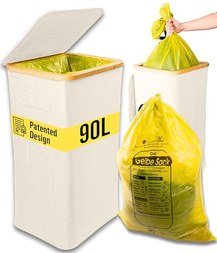 Deco haus® Gelber Sack Ständer 90L [Extra Tragetasche] - Gelber Sack Mülleimer - Stabiler Müllsackständer Extra für gelbe Säcke - Mülleimer mit Deckel - Müllsystem für Küche & Haushalt - Beige