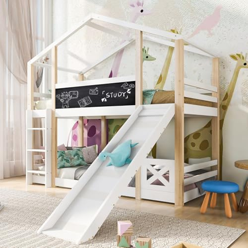 Loftsäng För Barn, Våningssäng För Barn 90×200 Cm Med Stege Och Rutschkana, Hussäng Med Fallskydd Och Ribbotten, Lekbädd Med TVå Sovplatser Och Graffititavla