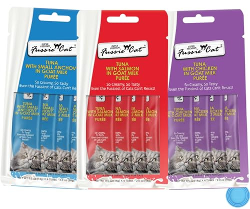 Fussie Cat Premium Puree Lickable Cat Treats in Goat Milk, Tuna Variety Flavor Pack, 3 Packs of 4-0.5oz Tubes,(12 Total Tubes) Variety Tuna Flavor Pack of 3 Flavors + Lid