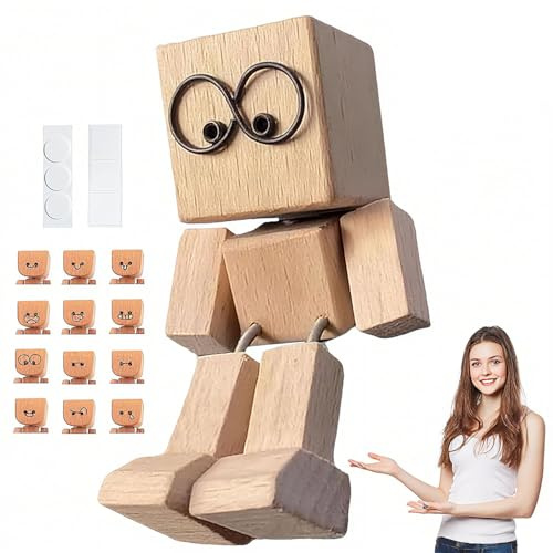 Aomantic Sarl Affascinante piccola figura in legno, Bambola in legno fatta a mano con 12 espressioni magnetiche, Divertente figura di uomo in l-egno che scuote i piedi, Shaking Wooden Man Figurine
