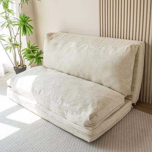 MAXYOYO Folding Corduroy Sofa Bean Bag Bed Chair Foam Filling Extra Thick 4 Fold Floor Couch Matress for Adults, Includes Removable and Machine Washable Cover for Living Room, Beige, 76x240 cm