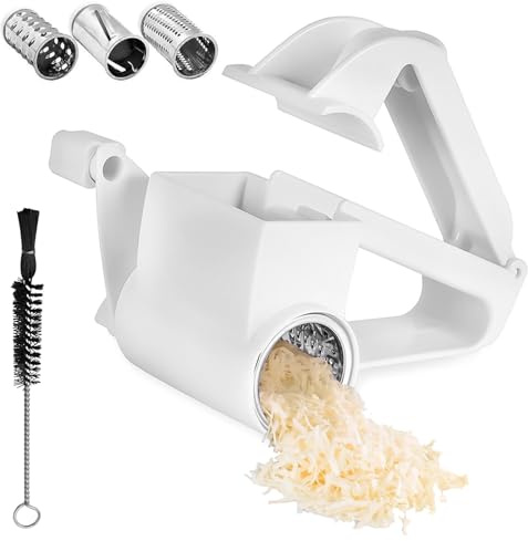 Rallador de queso con manivela, rallador de queso giratorio 3 en 1, rallador de tambor apto para lavavajillas, desmontable con 3 cuchillas enrollables intercambiables de acero inoxidable, molinillo de