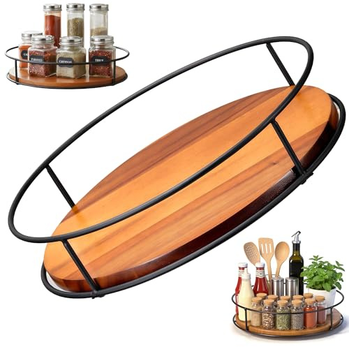 YOYEAH Ved Swivel Plates Organizer, Lazy Susan Spice Swivel Rack, 9 tum 360° Rund Köksskåp i Acacia-trä, roterande platta med halkfri