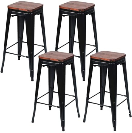 THINIA HOME Pack 4 Taburetes Medios Industriales Apilables de Acero y Madera 43x43x76cm