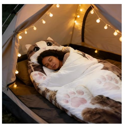 Sac de couchage en peluche en forme de chat pour adultes, sac de couchage enveloppant en forme de chat mignon, 175 cm, couverture chaude lavable pour camping et détente à la maison (D)