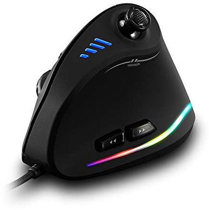 zelotes Vertikal ergonomisk mus med joystick, 10 000 DPI 11 programmerbara knappar, RGB-belysning, USB-optisk spelmus med kabel för PC, bärbar dator, dator, svart