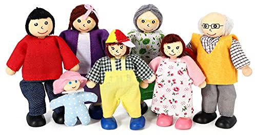SOKA Set of 7 Happy Family Set Wooden Miniature Figures Dolls Play Set Accessories Dollhouse Pretend Role Play Toy Set For Children Kids Girls Boys 3 year old +