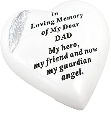 Plaque commémorative en forme de cœur - Décoration funéraire personnalisée - Blanc et argenté - Plaques commémoratives d'extérieur avec plumes - 15 x 15 cm (papa)