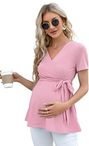 KOJOOIN Damen Stillshirt Schwangerschaftsshirt V-Ausschnitt Umstandsshirt Kurzarm Nursing Tops mit Gürtel Rosa(Kurzarm) L