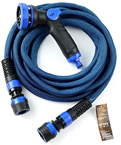 Manguera extensible para jardín, que multiplica su tamaño por 2 con la presión del agua. Riega cómodamente y con la última tecnología en cuanto a mangueras se refiere.