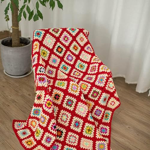 RISEON Handgjord mormor fyrkantig virkad filt tröja stil matta, virkat täcke, flerfärgad boho resa accent dekor överkast för soffa täcke bäddsoffa vilstol vardagsrum sovrum (röd)