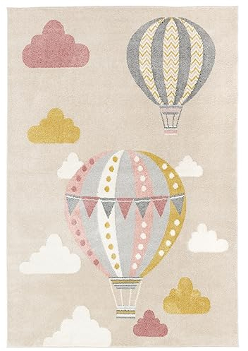 RugVista, Balloon Ride, Kinderzimmer Teppich, 140 x 200 cm, Kinderteppich für Kinder, Spielteppich für Babys, Modernes Design, Kurzflor, Keine schädlichen Stoffe, Beige/Rosa